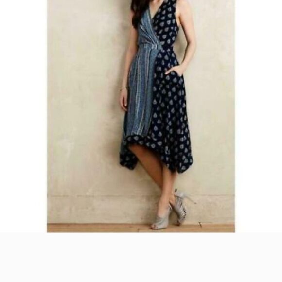 ANTHRO MEAVE Boho Blue Paisley Patterned Hi Low Sharkbite Hem Dress SIZE 0P - Picture 2 of 11